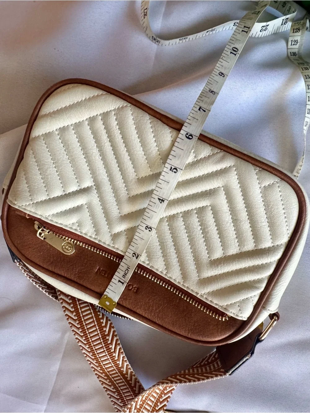 Quilted Cream and Brown Crossbody with Patterned Strap